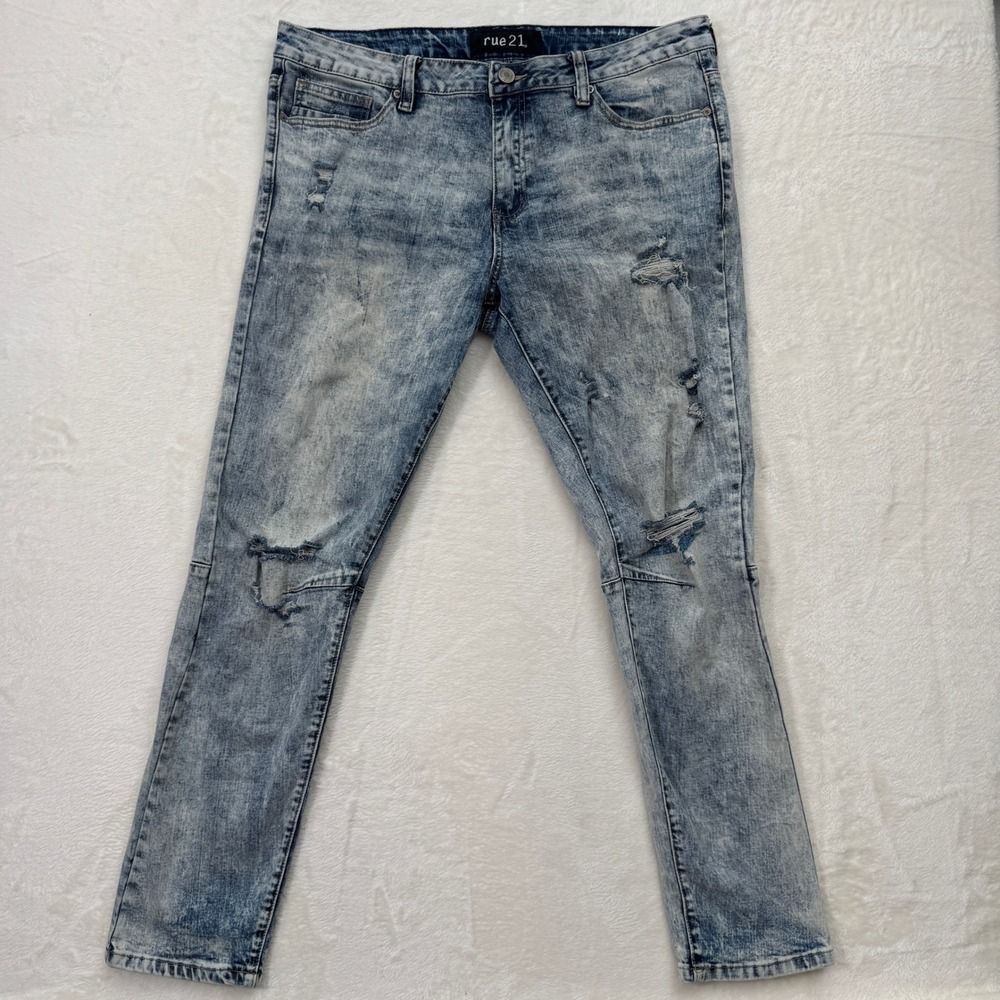 rue21 Skinny Jeans Mens Blue Acid Wash Supreme Flex‎ Distressed Ripped Slim